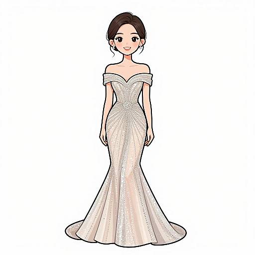 Digital illustration of an Asian woman with fair skin, black hair in an updo, wearing an off-shoulder, white, sparkling mermaid-style