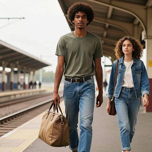 Afro Male at Train Station with Bag