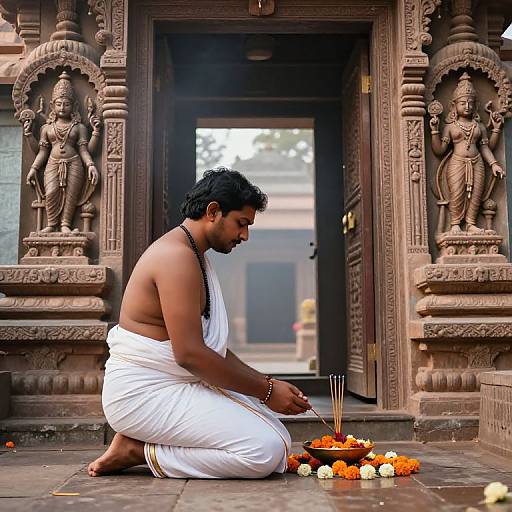Devotee Praying at Temple Doorway