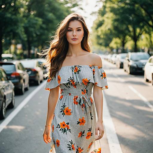 Young Woman in Floral Off-Shoulder Dress Walking on Street