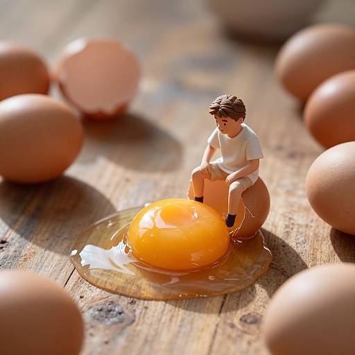 Photograph of a small figurine of a boy in white sitting on a cracked egg with yolk, surrounded by brown eggs on a wooden surface.