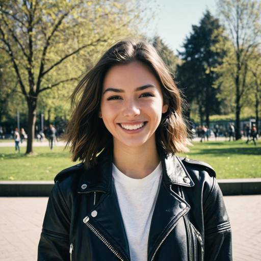 Smiling Teenager in Leather Jacket in Park