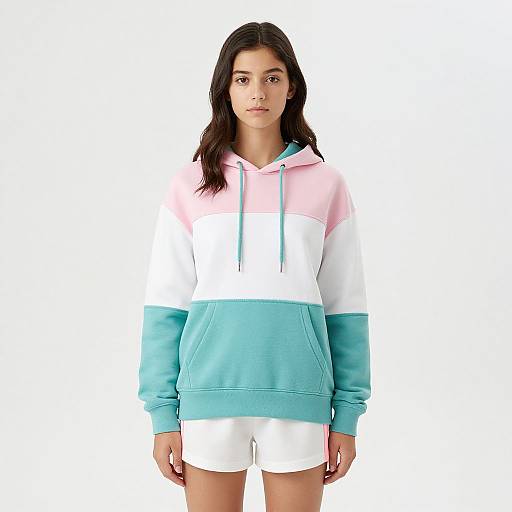 Photograph of a young woman with long dark hair, wearing a pastel pink, white, and turquoise hoodie, and white shorts, standing against a