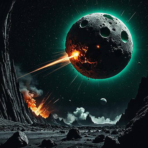 Shattered Asteroid Colliding with Molten Lava Moon