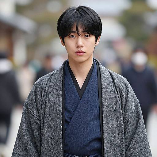 Photograph of a young Asian man with straight black hair, wearing a gray kimono over a black kimono, standing in a blurred outdoor setting.