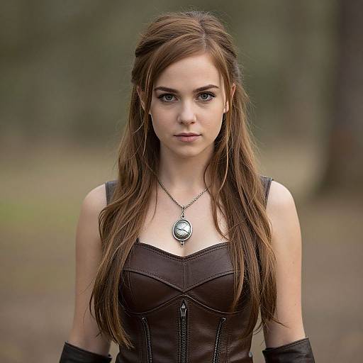 Photograph of a young woman with long brown hair, wearing a brown leather corset, silver pendant, and black sleeves, standing in a blurred forest