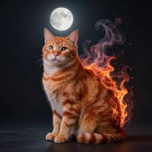 Photorealistic digital art of an orange tabby cat with flames on its back, sitting under a full moon against a dark background.