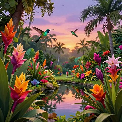 Vibrant digital painting of a tropical garden at sunset, featuring colorful flowers, a reflecting pond, palm trees, and two hummingbirds.