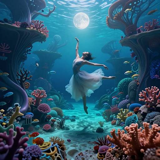 Digital art of a ballet dancer in a white tutu, underwater with vibrant coral reefs and fish, illuminated by a glowing moon.