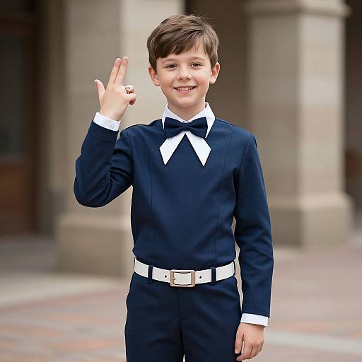 Photograph of a smiling young boy with short brown hair, wearing a navy blue formal suit, white shirt, bow tie, and white belt, waving