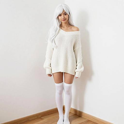 Photograph of a young woman with long white hair, wearing an off-shoulder white knit sweater and white thigh-high socks, standing against a white