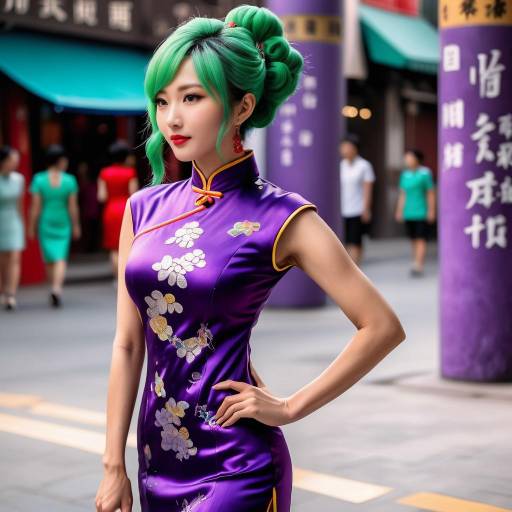 Vibrant Street Performer in Cheongsam