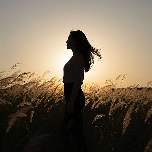 Silhouetted woman with long hair standing in a field of tall grass at sunset, sun directly behind her, golden light.