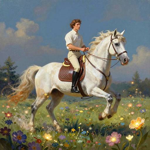 Man Riding Unicorn in Glowing Field