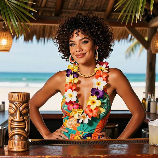 Photograph of a smiling Black woman with curly hair, wearing a colorful floral dress and lei, at a tropical beach bar.