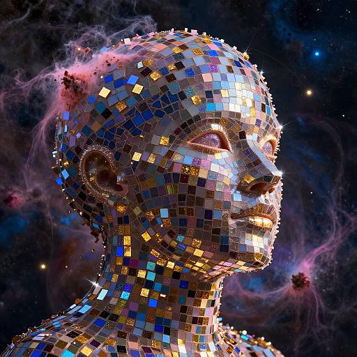 Digital artwork of a mosaic-faced humanoid figure with glowing tiles, set against a cosmic background with swirling nebulae.