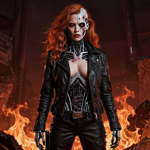 Digital art of a fierce red-haired woman with a skull mask, black leather jacket, and gloves, standing in front of fiery flames. Dark, go