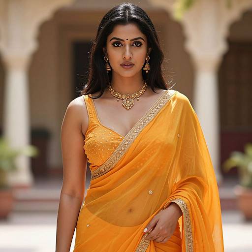 Photograph of an Indian woman with long black hair, wearing an orange saree with gold embroidery, gold jewelry, standing outdoors in front of a blurred