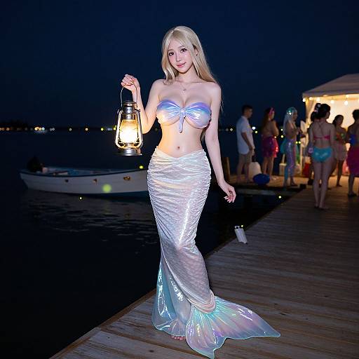 Photograph of a blonde mermaid woman with large breasts, wearing a glowing white bikini top and skirt, holding a lantern, standing on a wooden dock