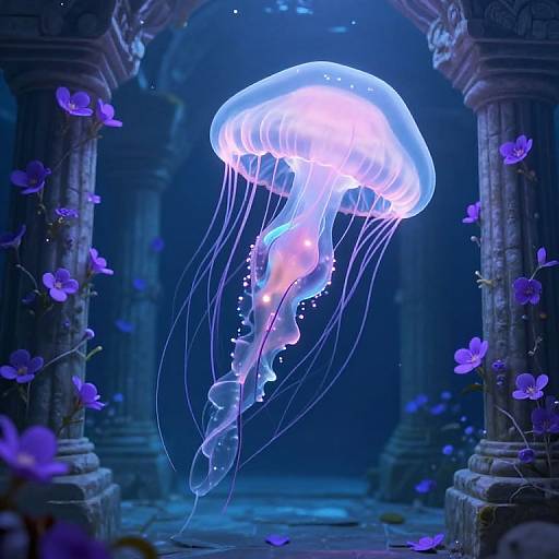 Photorealistic digital art of a glowing blue and purple jellyfish floating in an ancient, ruined archway surrounded by floating purple flowers.