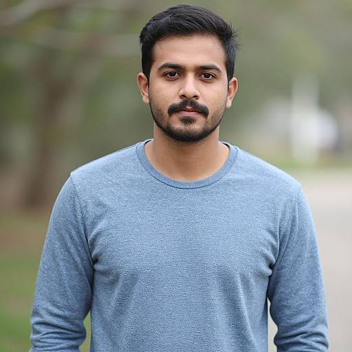 Photograph of a young Indian man with short black hair, beard, and mustache, wearing a light blue sweater, standing outdoors with a blurred green