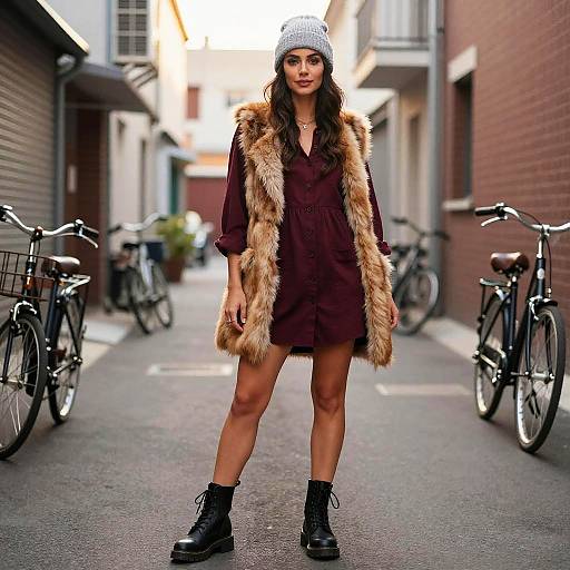 Photograph of a slim, dark-haired woman in a brown dress, fur vest, knit beanie, and black boots, standing in a narrow urban