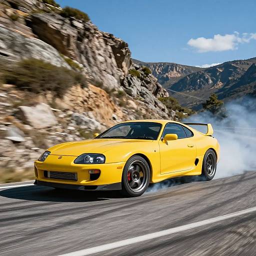 Photograph of a bright yellow sports car with black wheels, emitting smoke, driving fast on a mountain road with rocky cliffs.