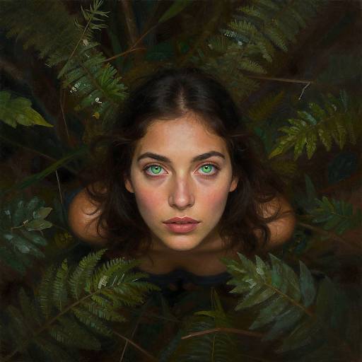 Photorealistic digital portrait of a young woman with striking green eyes, dark wavy hair, and fair skin, peeking through dense fern foliage,