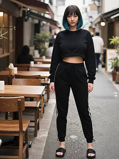 Photograph of a young woman with a blue bob haircut, wearing a black crop top and black pants, standing in a narrow, outdoor urban alley with