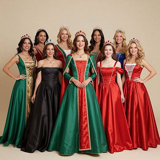 Photograph of nine smiling women in medieval-style gowns; green, black, red, and burgundy dresses, gold and red trim, silver ti