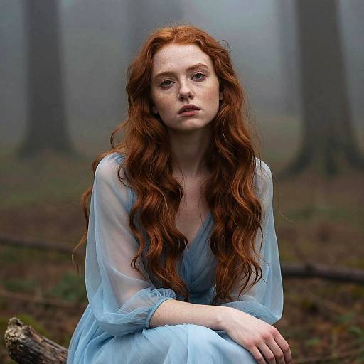 Photograph of a fair-skinned, red-haired woman with long wavy hair, wearing a sheer blue dress, sitting in a misty forest.