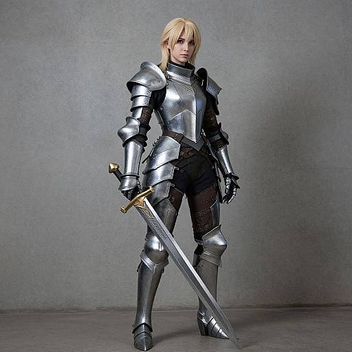 Photograph of a blonde woman in shiny silver medieval armor, holding a large sword, standing against a plain gray background.