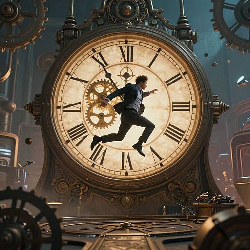 Digital artwork: A man in a blue suit leaps through a large, glowing, steampunk clock face with gears, set in an industrial, metallic