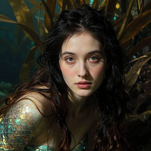 Photograph of a young woman with long dark hair, pale skin, and intense green eyes, wearing a shimmering gold scale armor, surrounded by dark