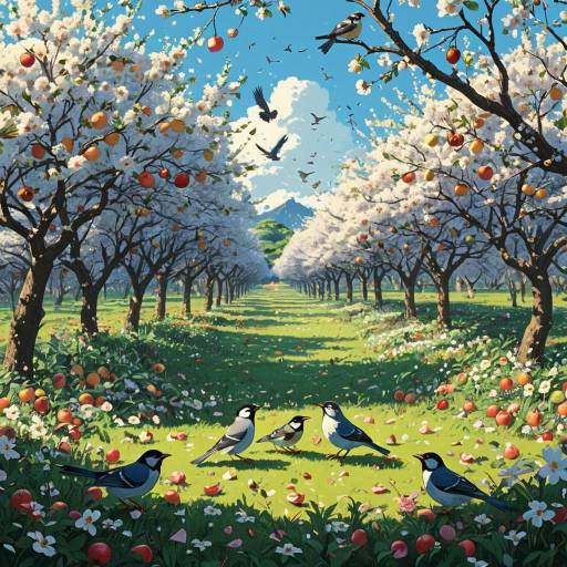Five Birds Singing in Blooming Orchard Five Birds Singing in Blooming Orchard