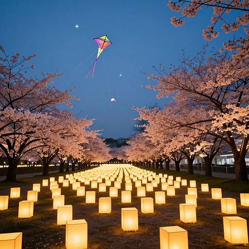 Photograph of a twilight park with illuminated yellow lanterns, cherry blossom trees, and a colorful kite in a deep blue sky.