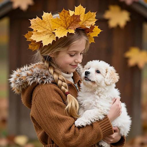 Autumn Joy: Girl with Puppy in Leaves