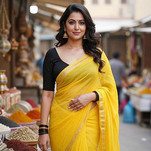 Photograph of an Indian woman with long black hair, wearing a yellow saree with black blouse, standing in a colorful spice market.
