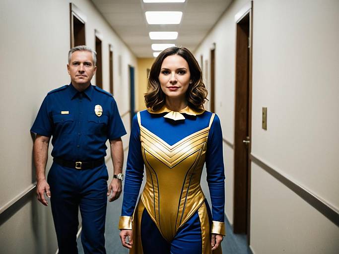 Photograph of a hallway with a serious-looking woman in a blue and gold superhero costume and a male police officer in uniform behind her. Bright lighting,