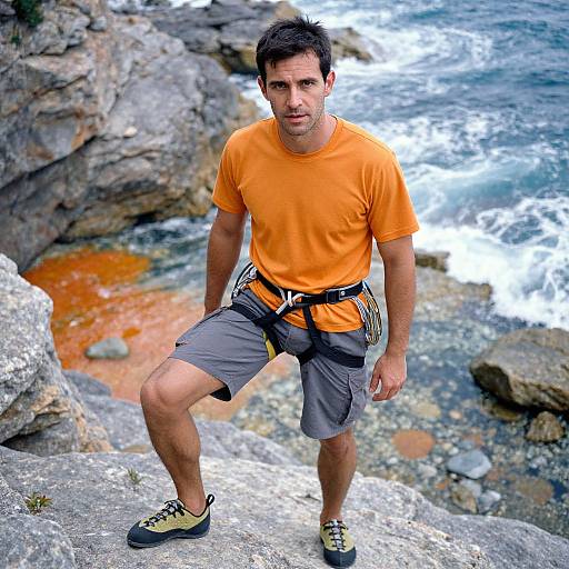 Photograph of a muscular man with short dark hair, wearing an orange t-shirt, gray shorts, and hiking shoes, standing on rocky coastline with ocean