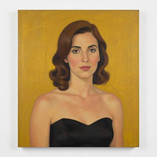 Painting of a fair-skinned woman with brown wavy hair, wearing a strapless black dress, against a yellow background. Realistic, portrait