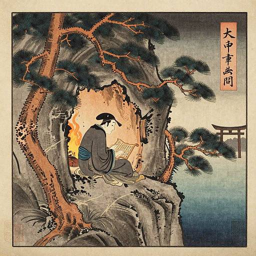 Ukiyo-e Mountain Hermit by Firelight