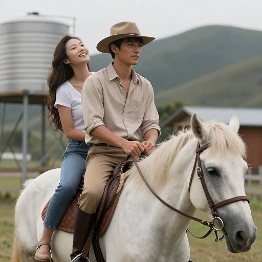 Couple Riding White Horse in Rural Landscape