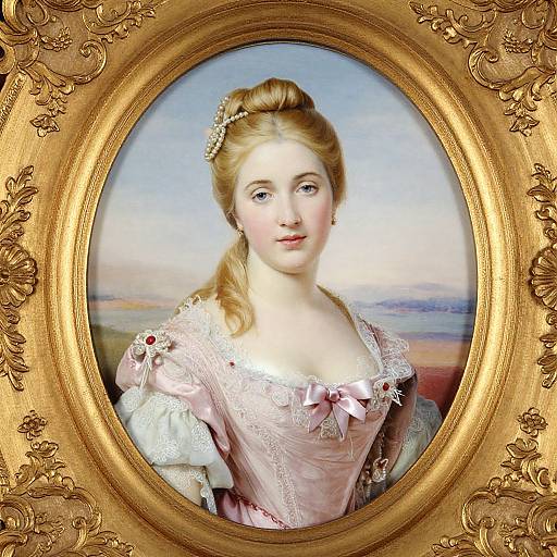 Portrait of a young, fair-skinned woman with blonde hair in an 18th-century pink lace dress, framed in an ornate gold oval frame