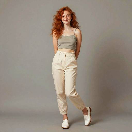 Playful Redhead Woman in Crop Top and Pants