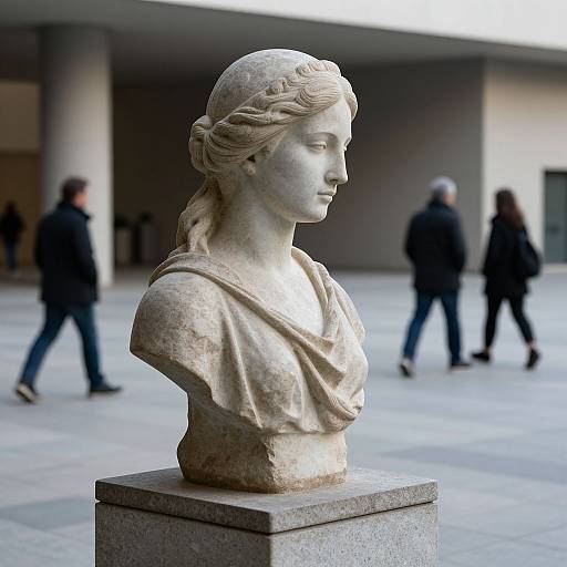 Photograph of a marble bust of a classical woman with a braided headband, draped in a toga, displayed outdoors in a modern plaza with