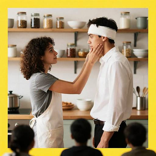 Heartfelt Kitchen Moment with Bandaged Man