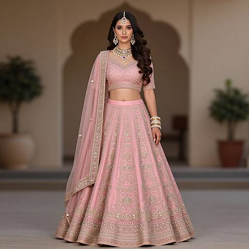 Photograph of a South Asian woman in a pink, gold-embroidered traditional lehenga and dupatta, wearing ornate jewelry, standing in