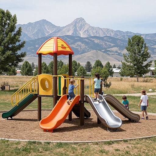 Photograph of a colorful playground with five children, mountain backdrop, green trees, and a bright orange roofed structure with multiple slides.