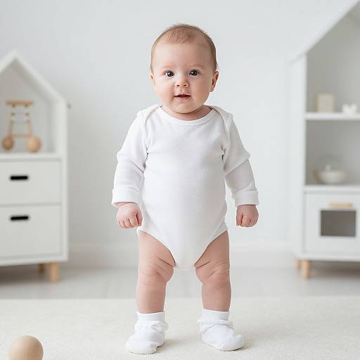 Photograph of a cute, light-skinned baby with short blonde hair, wearing a white onesie and socks, standing in a bright, modern nursery